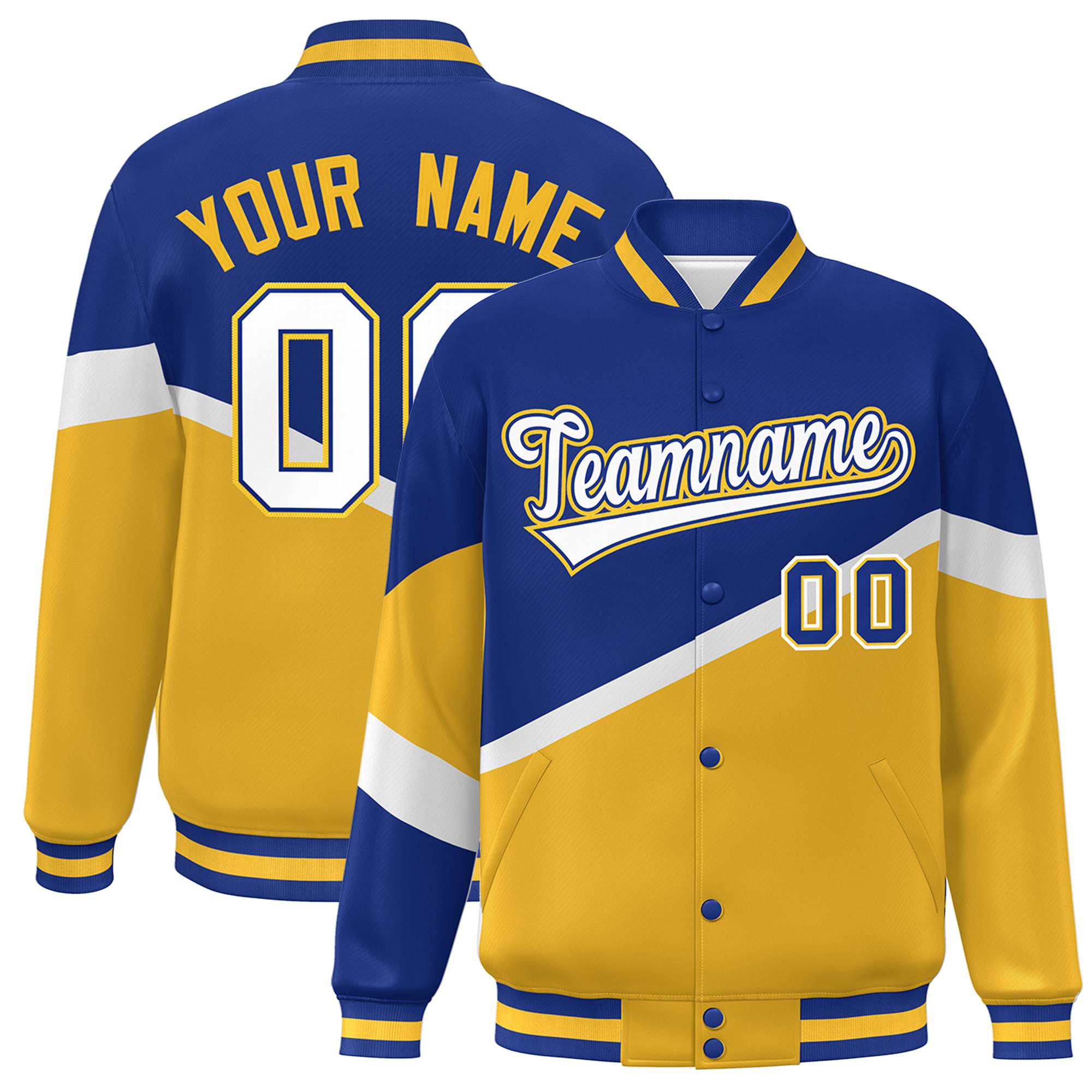 Custom Royal Gold White-Royal Color Block Bomber Varsity Baseball Jacket