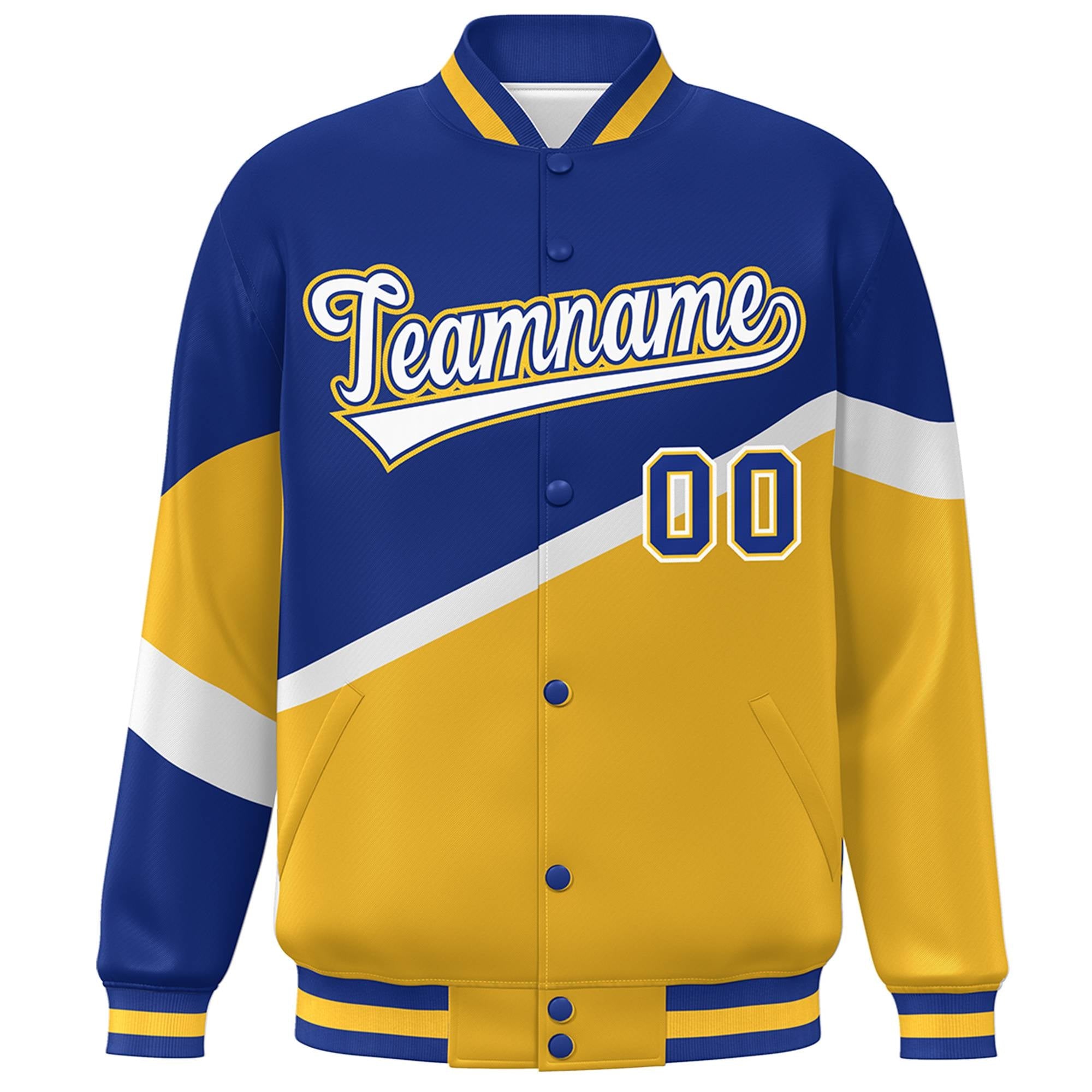 Custom Royal Gold White-Royal Color Block Bomber Varsity Baseball Jacket