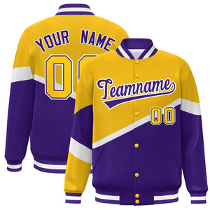 Custom Gold Purple-White Color Block Bomber Varsity Baseball Jacket