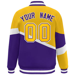 Custom Gold Purple-White Color Block Bomber Varsity Baseball Jacket