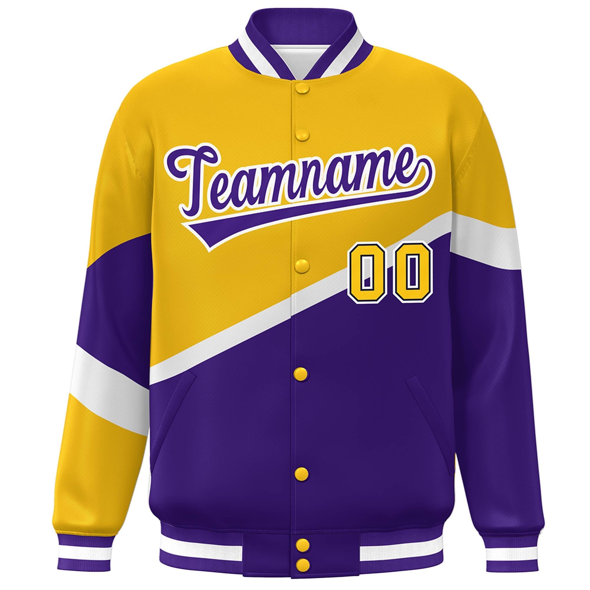 Custom Gold Purple-White Color Block Bomber Varsity Baseball Jacket