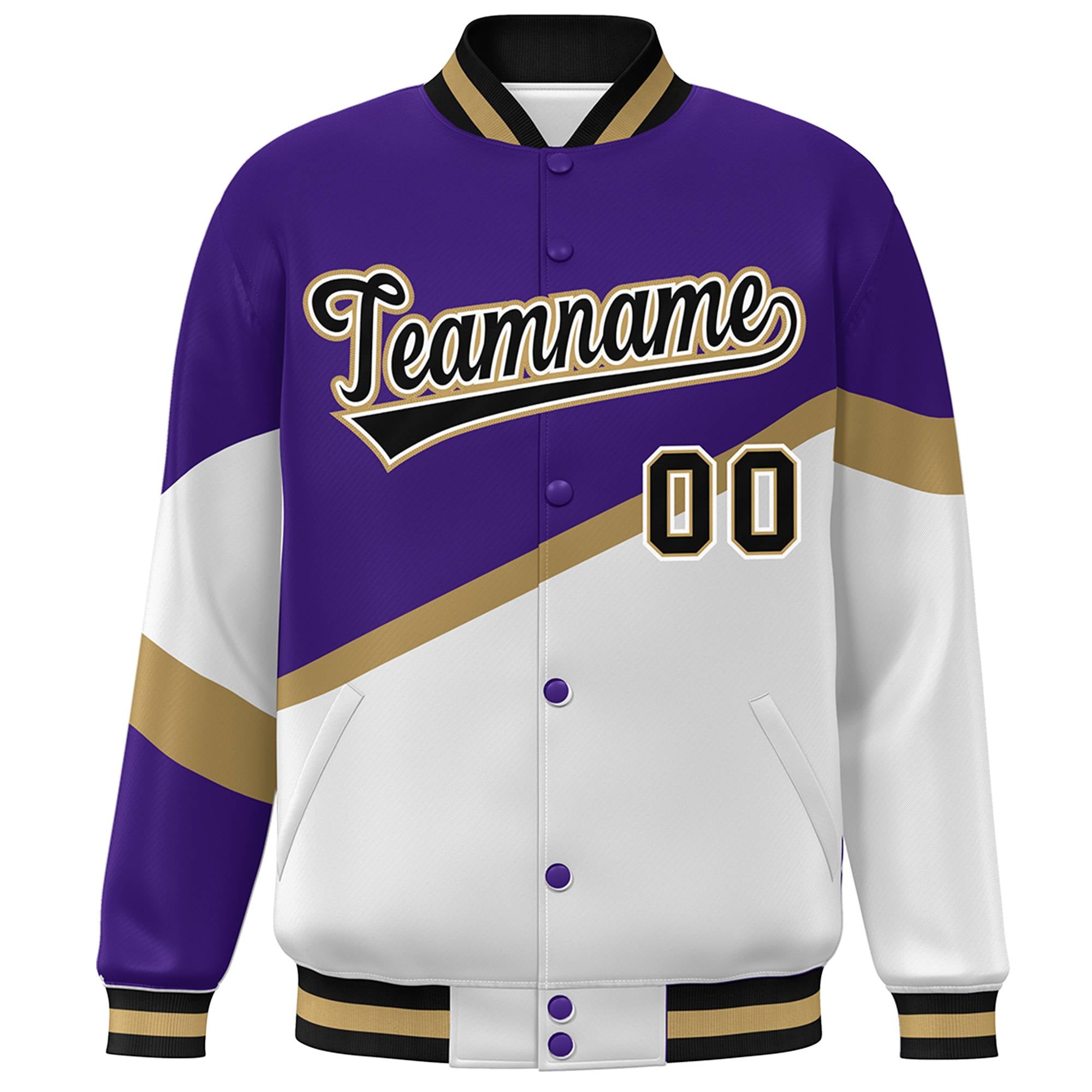 Custom Purple White Black-White Color Block Bomber Varsity Baseball Jacket