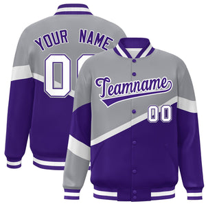 Custom Gray Purple-White Color Block Bomber Varsity Baseball Jacket