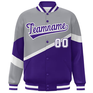 Custom Gray Purple-White Color Block Bomber Varsity Baseball Jacket