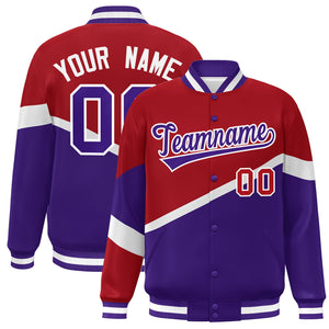 Custom Red Purple-White Color Block Bomber Varsity Baseball Jacket