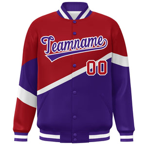 Custom Red Purple-White Color Block Bomber Varsity Baseball Jacket