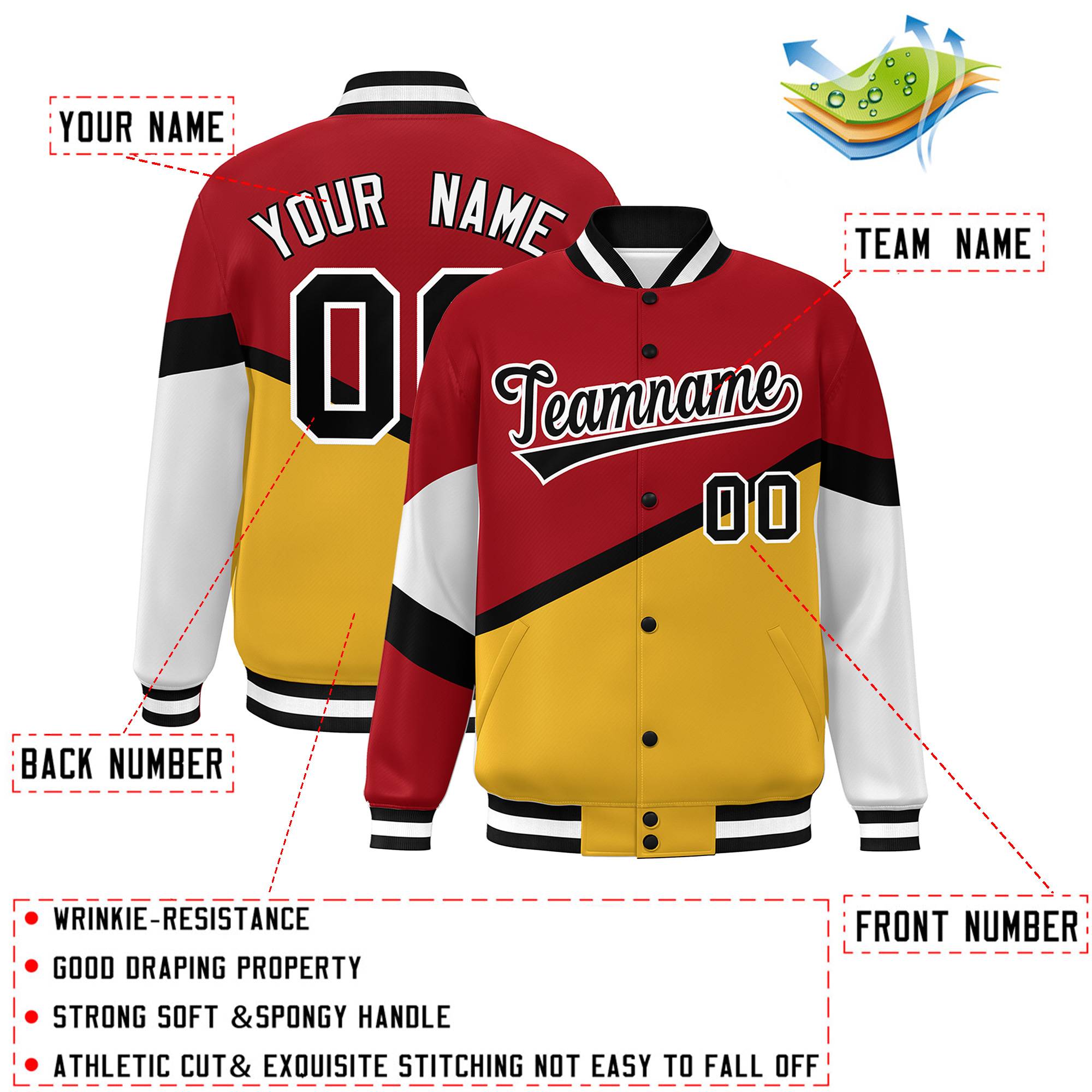 Custom Red Gold Black-White Color Block Bomber Varsity Baseball Jacket