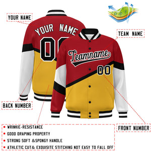 Custom Red Gold Black-White Color Block Bomber Varsity Baseball Jacket