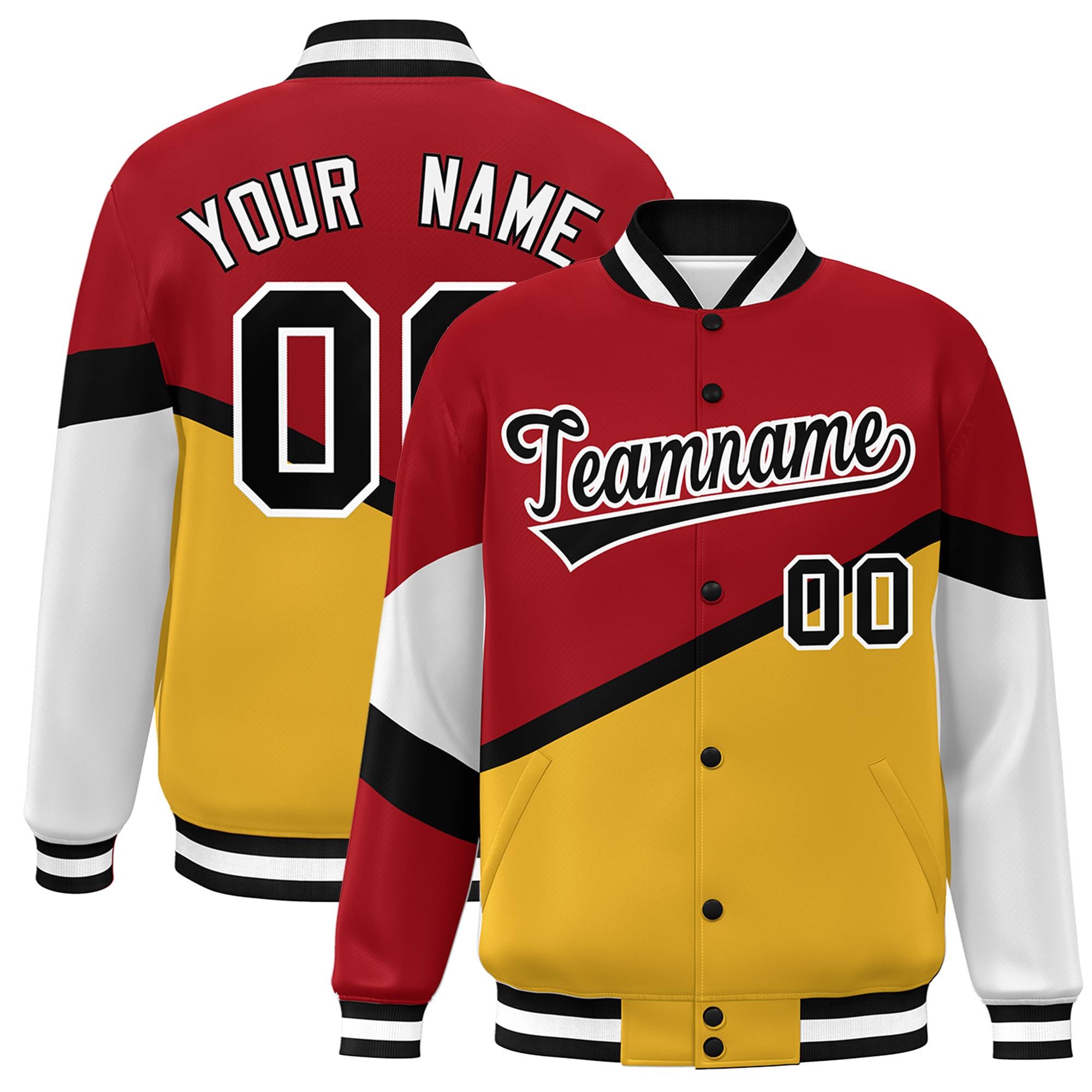 Custom Red Gold Black-White Color Block Bomber Varsity Baseball Jacket