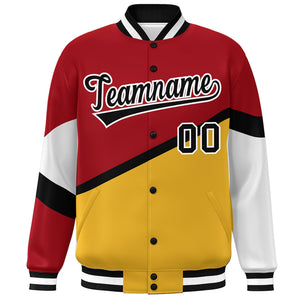 Custom Red Gold Black-White Color Block Bomber Varsity Baseball Jacket