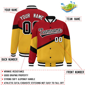 Custom Red Gold Black-White Color Block Bomber Varsity Baseball Jacket