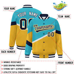 Custom Light Blue Gold Navy-White Color Block Bomber Varsity Baseball Jacket