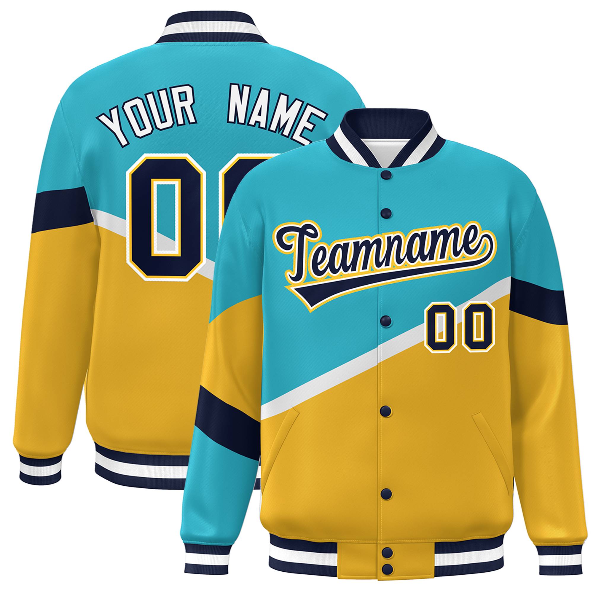 Custom Light Blue Gold Navy-White Color Block Bomber Varsity Baseball Jacket