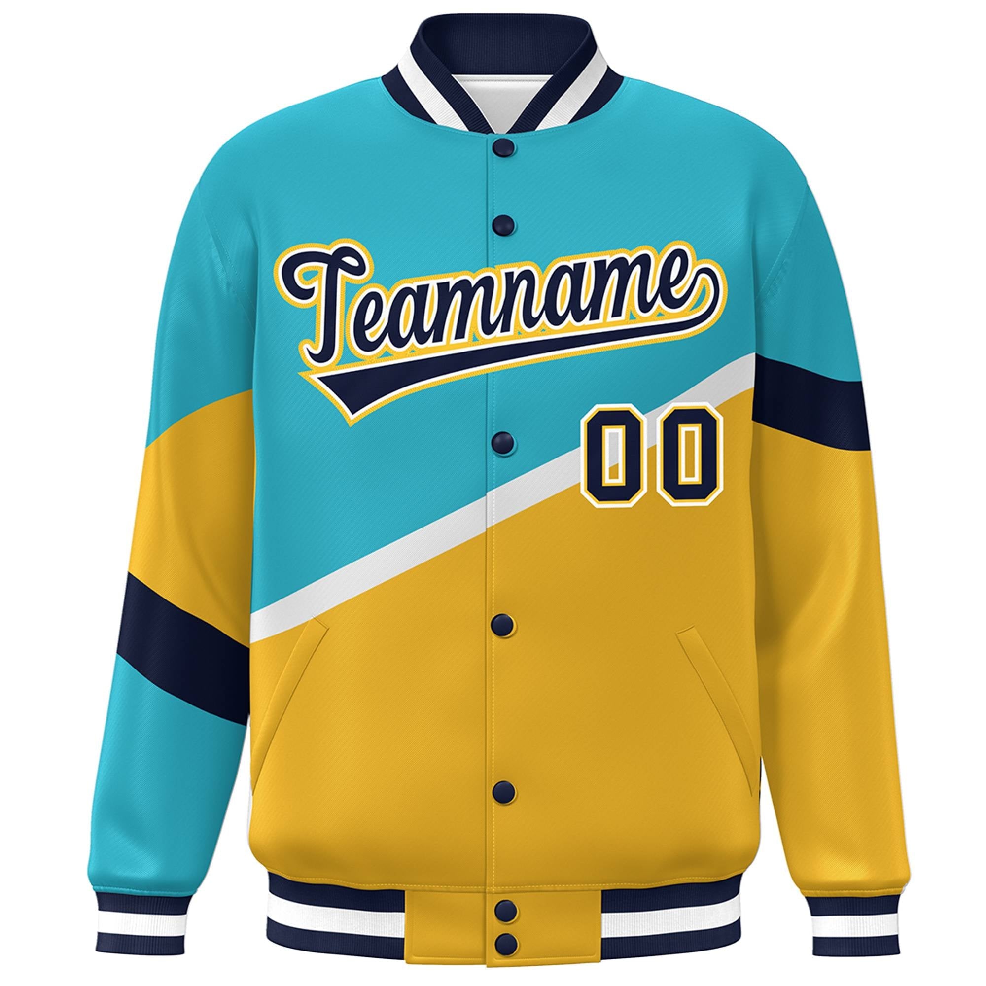 Custom Light Blue Gold Navy-White Color Block Bomber Varsity Baseball Jacket