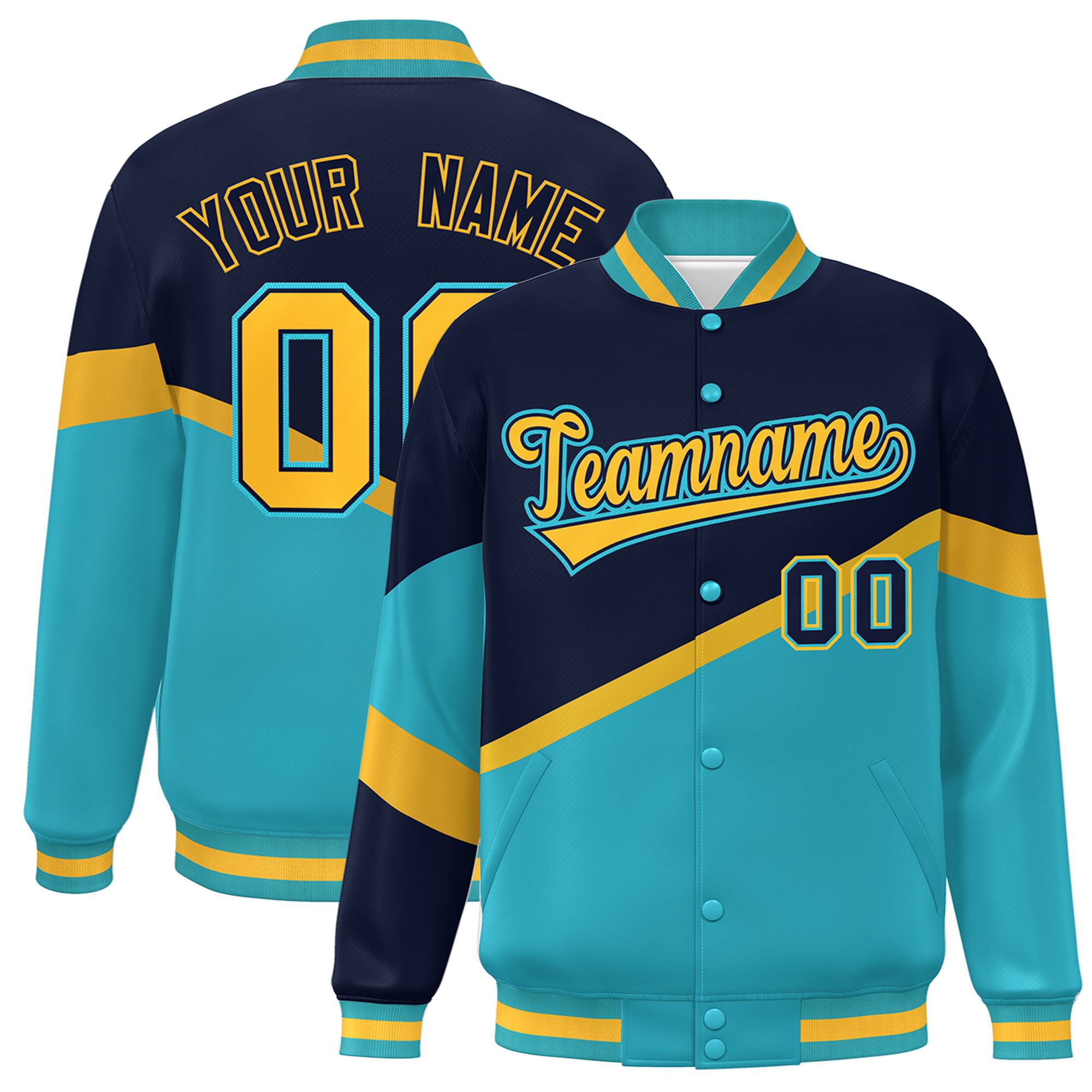 Custom Navy Light Blue Gold-Navy Color Block Bomber Varsity Baseball Jacket