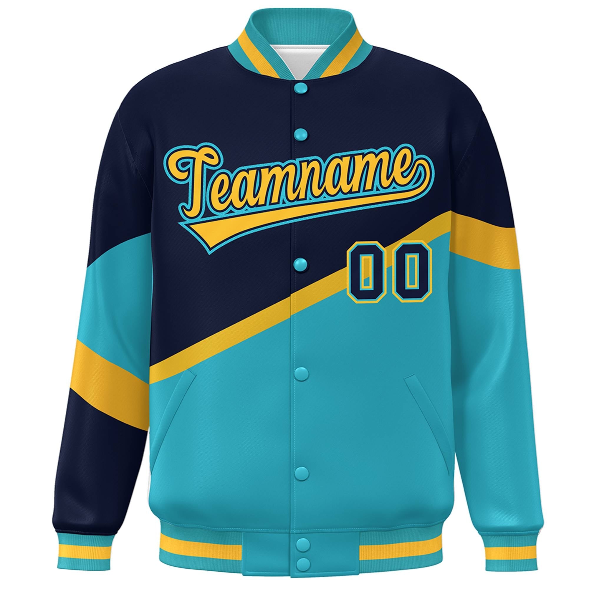 Custom Navy Light Blue Gold-Navy Color Block Bomber Varsity Baseball Jacket