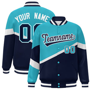 Custom Light Blue Navy-White Color Block Bomber Varsity Baseball Jacket