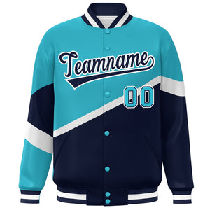 Custom Light Blue Navy-White Color Block Bomber Varsity Baseball Jacket