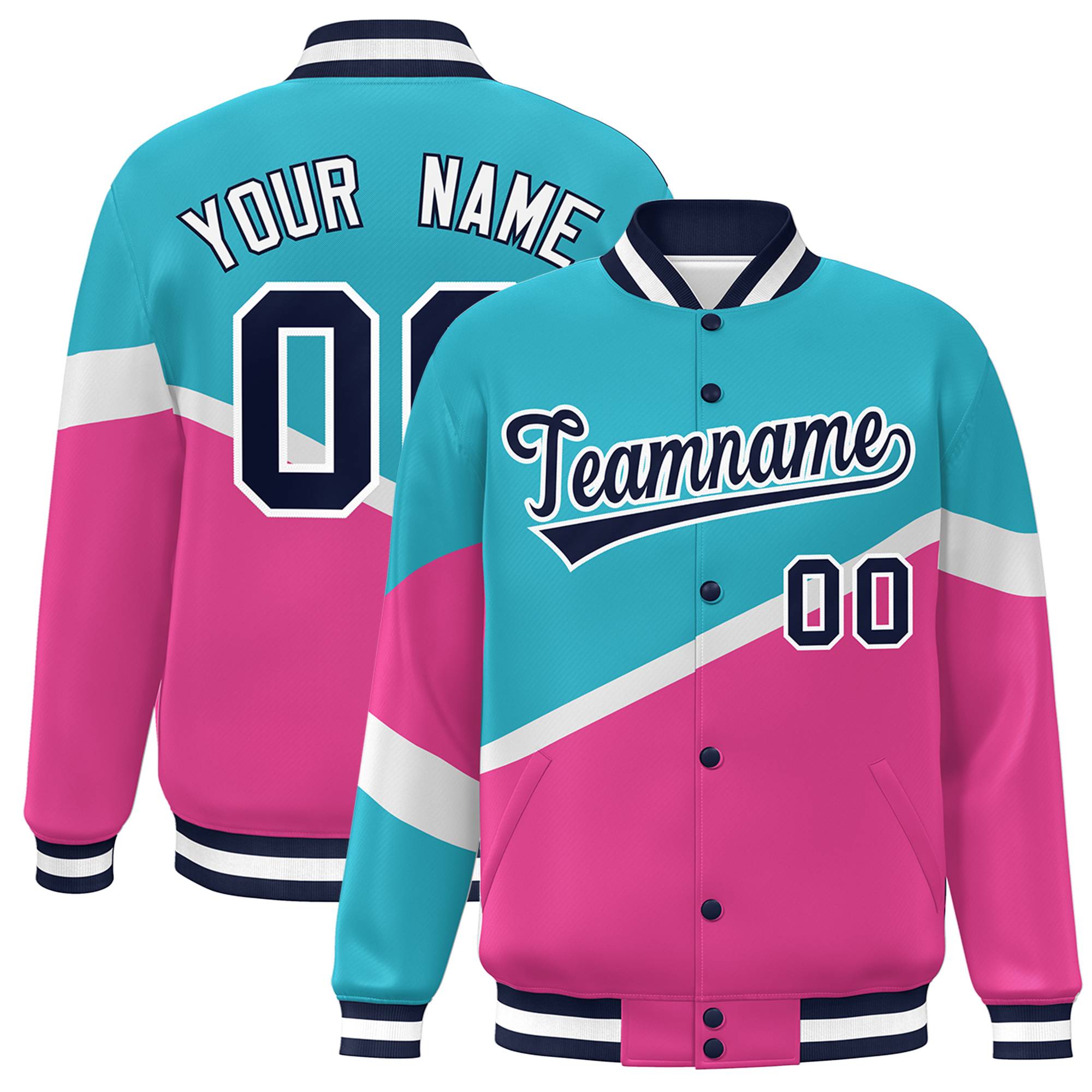 Custom Light Blue Pink Navy-White Color Block Bomber Varsity Baseball Jacket