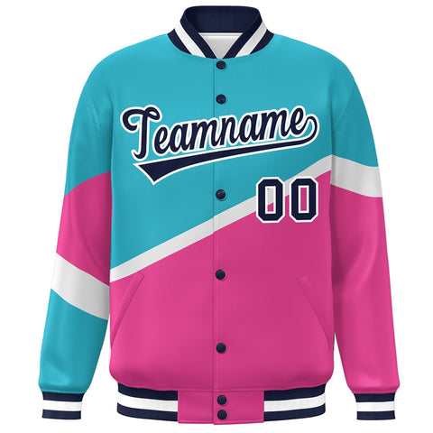Custom Light Blue Pink Navy-White Color Block Bomber Varsity Baseball Jacket