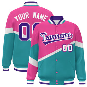 Custom Pink Aqua Purple-White Color Block Bomber Varsity Baseball Jacket