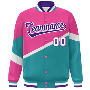 Custom Pink Aqua Purple-White Color Block Bomber Varsity Baseball Jacket