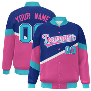 Custom Royal Pink-White Color Block Bomber Varsity Baseball Jacket