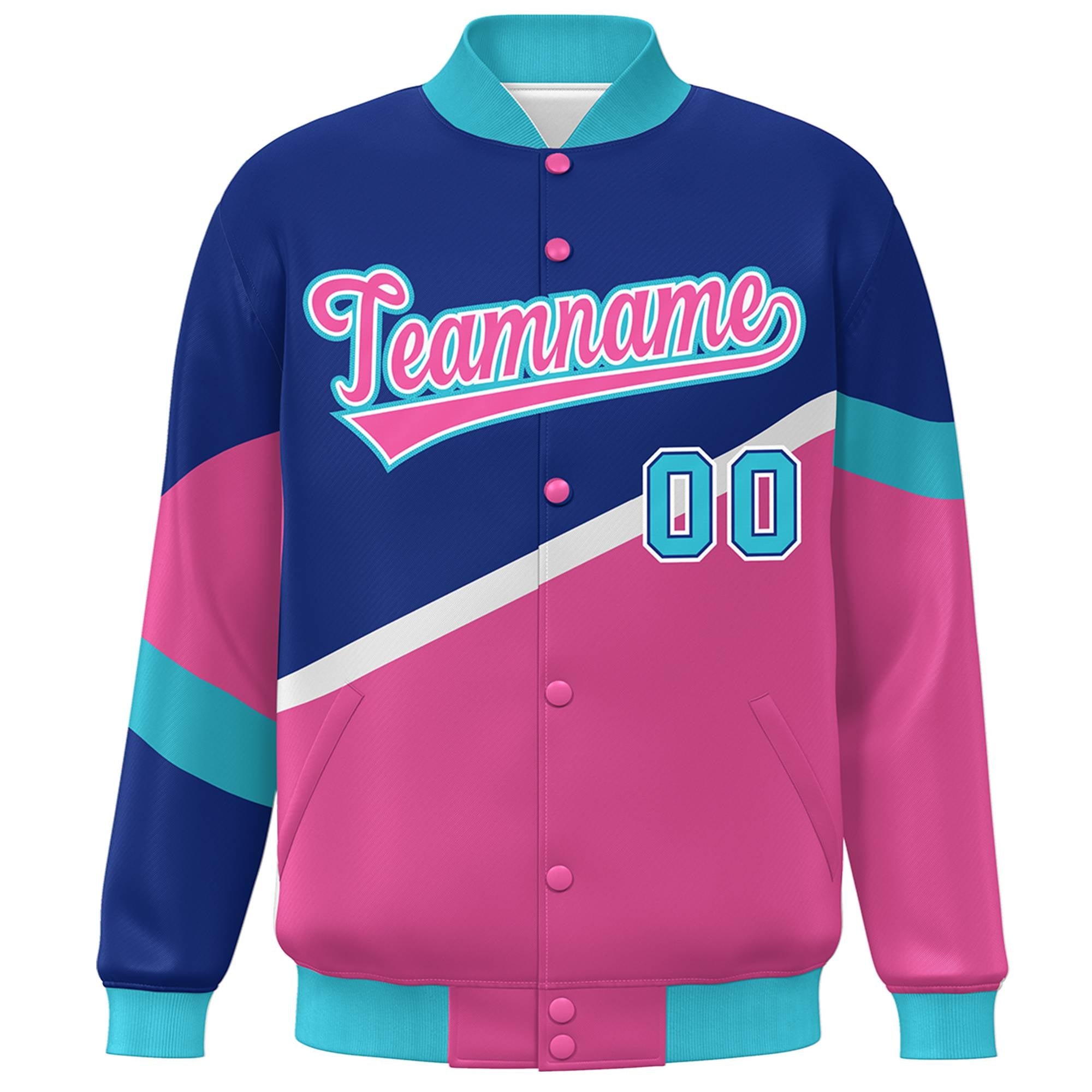 Custom Royal Pink-White Color Block Bomber Varsity Baseball Jacket