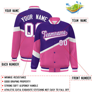 Custom Purple Pink White-Purple Color Block Bomber Varsity Baseball Jacket