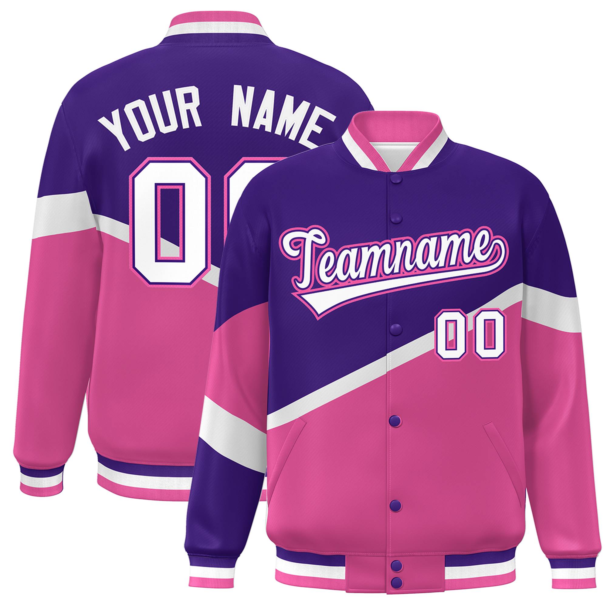 Custom Purple Pink White-Purple Color Block Bomber Varsity Baseball Jacket