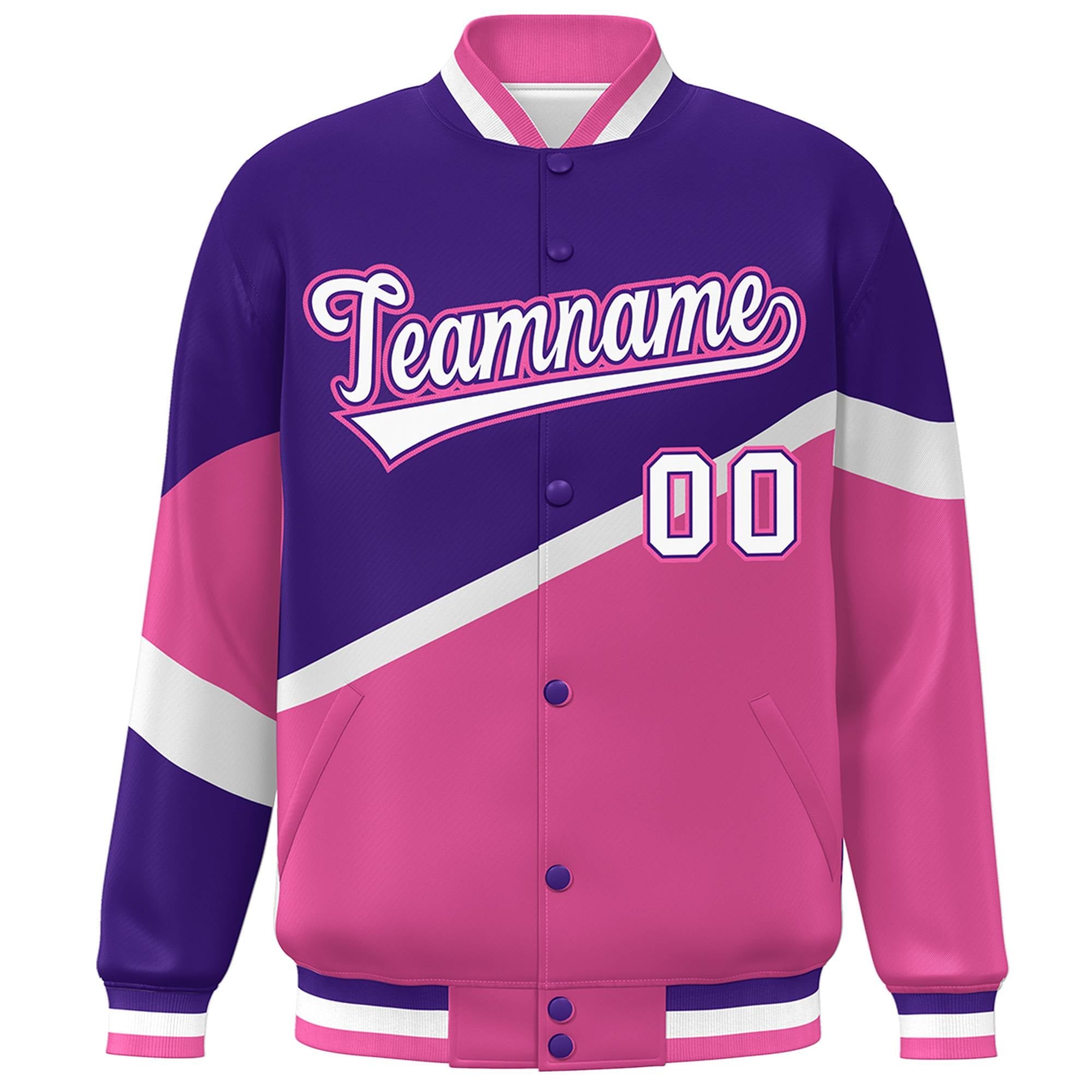 Custom Purple Pink White-Purple Color Block Bomber Varsity Baseball Jacket