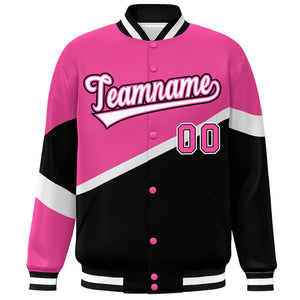 Custom Pink Black White-Pink Color Block Bomber Varsity Baseball Jacket