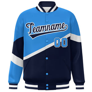 Custom Powder Blue Navy-White Color Block Bomber Varsity Baseball Jacket