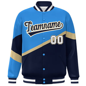 Custom Powder Blue Navy-Khaki Color Block Bomber Varsity Baseball Jacket