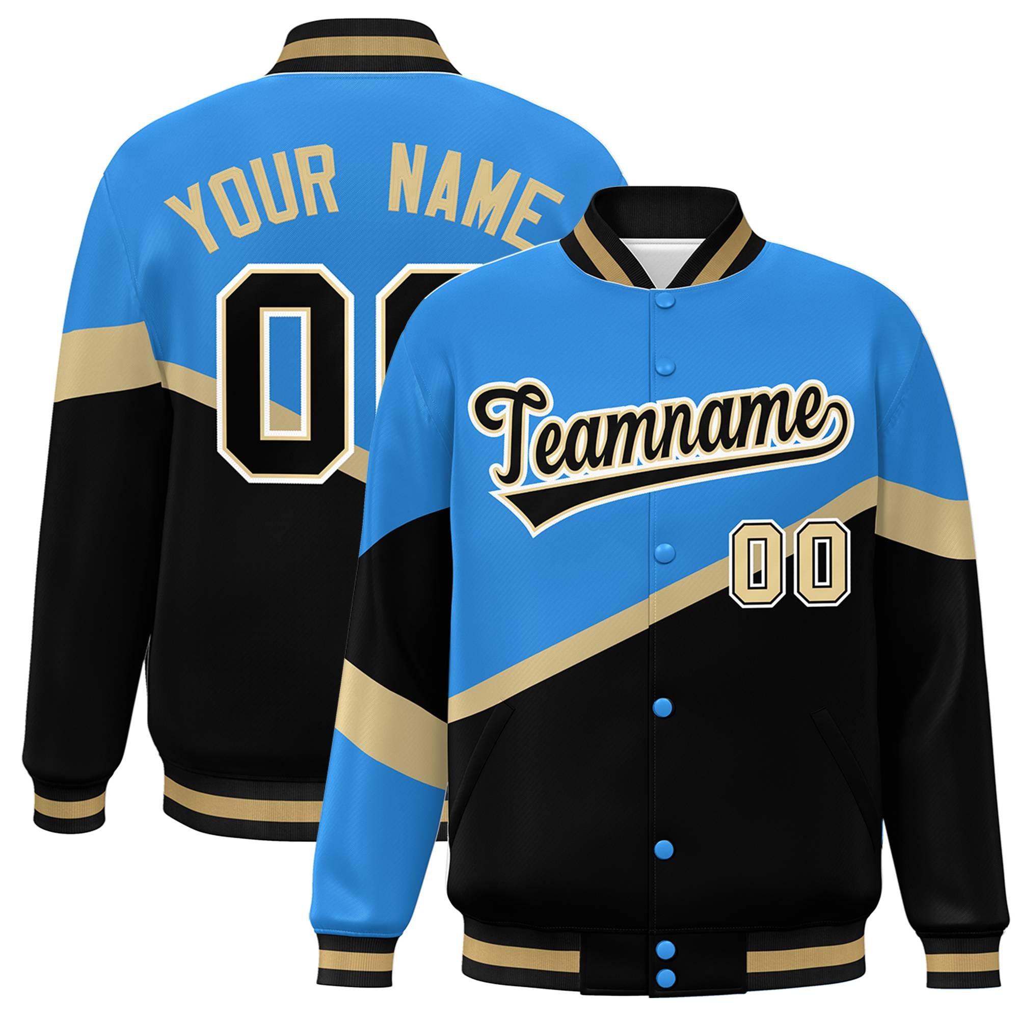 Custom Powder Blue Black-Khaki Color Block Bomber Varsity Baseball Jacket