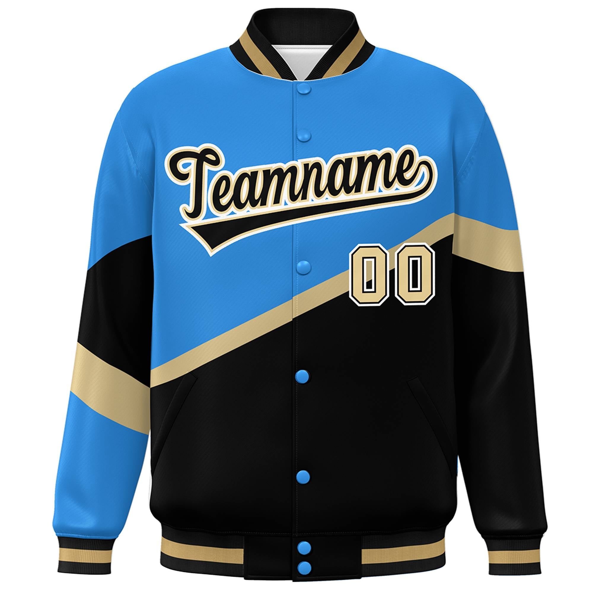 Custom Powder Blue Black-Khaki Color Block Bomber Varsity Baseball Jacket