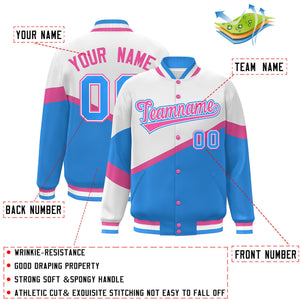 Custom White Powder Blue Pink-White Color Block Bomber Varsity Baseball Jacket