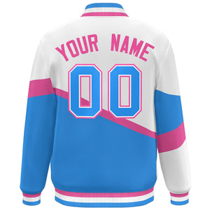 Custom White Powder Blue Pink-White Color Block Bomber Varsity Baseball Jacket