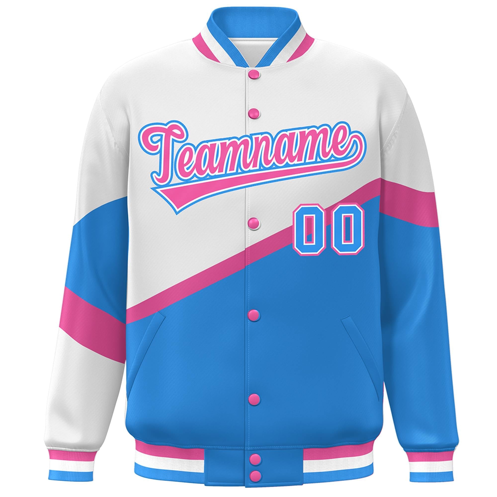 Custom White Powder Blue Pink-White Color Block Bomber Varsity Baseball Jacket