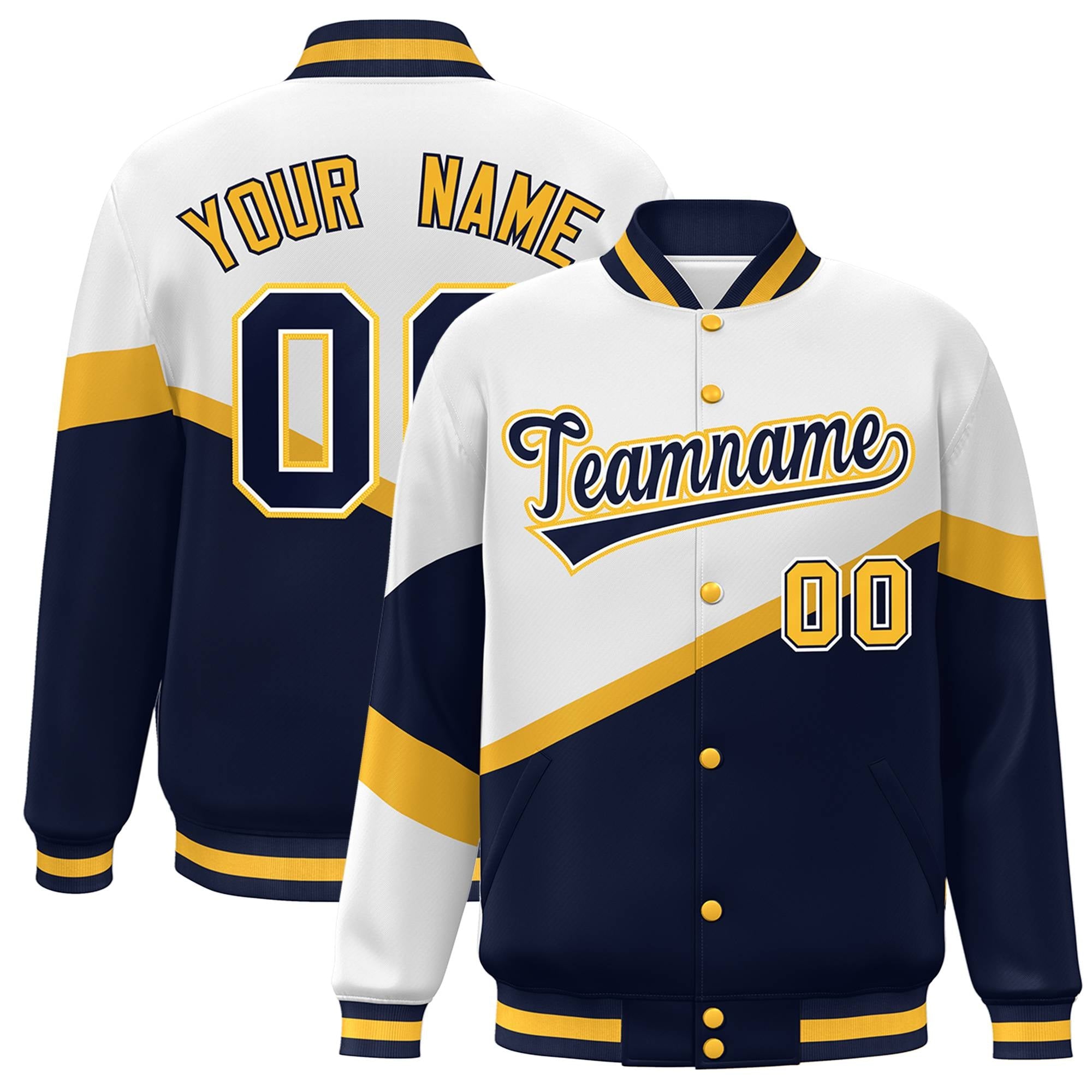 Custom White Navy-White Color Block Bomber Varsity Baseball Jacket