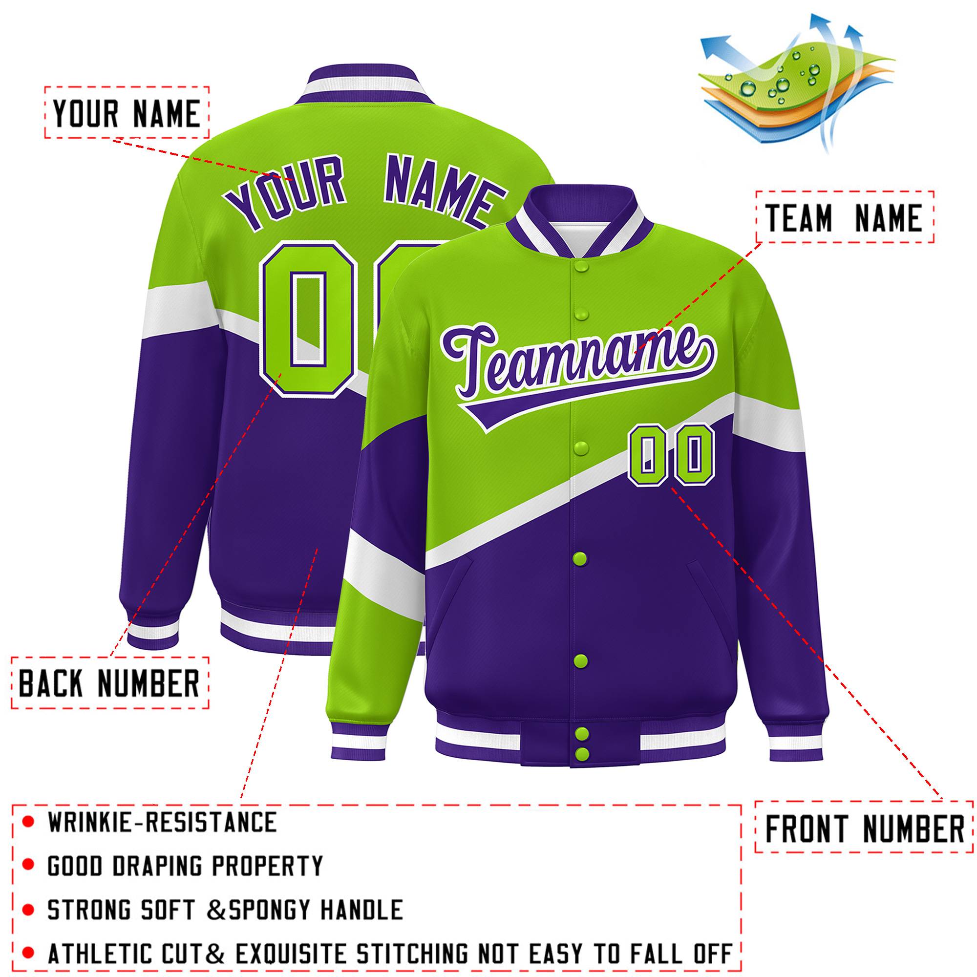 Custom Neon Green Purple-White Color Block Bomber Varsity Baseball Jacket