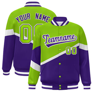 Custom Neon Green Purple-White Color Block Bomber Varsity Baseball Jacket