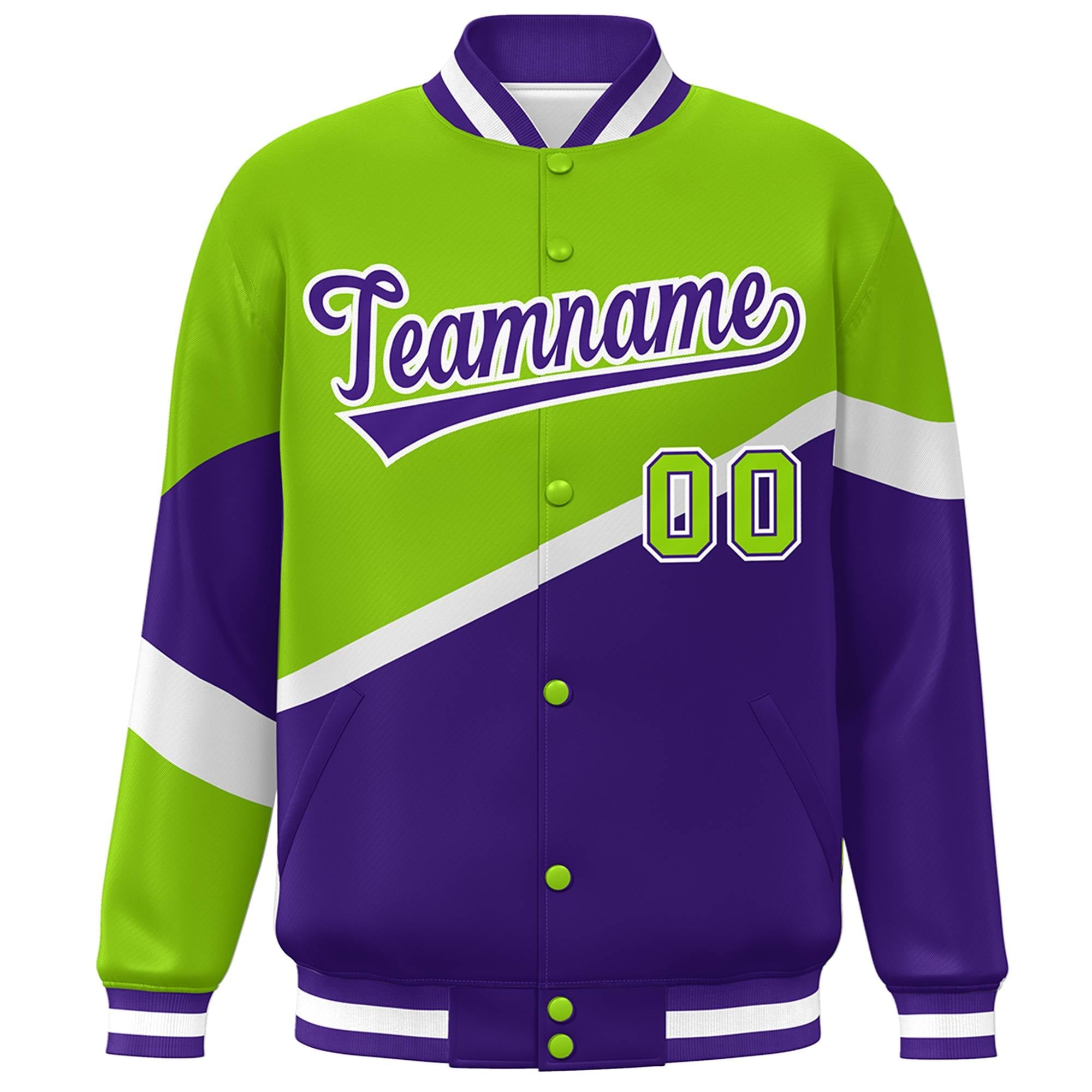 Custom Neon Green Purple-White Color Block Bomber Varsity Baseball Jacket