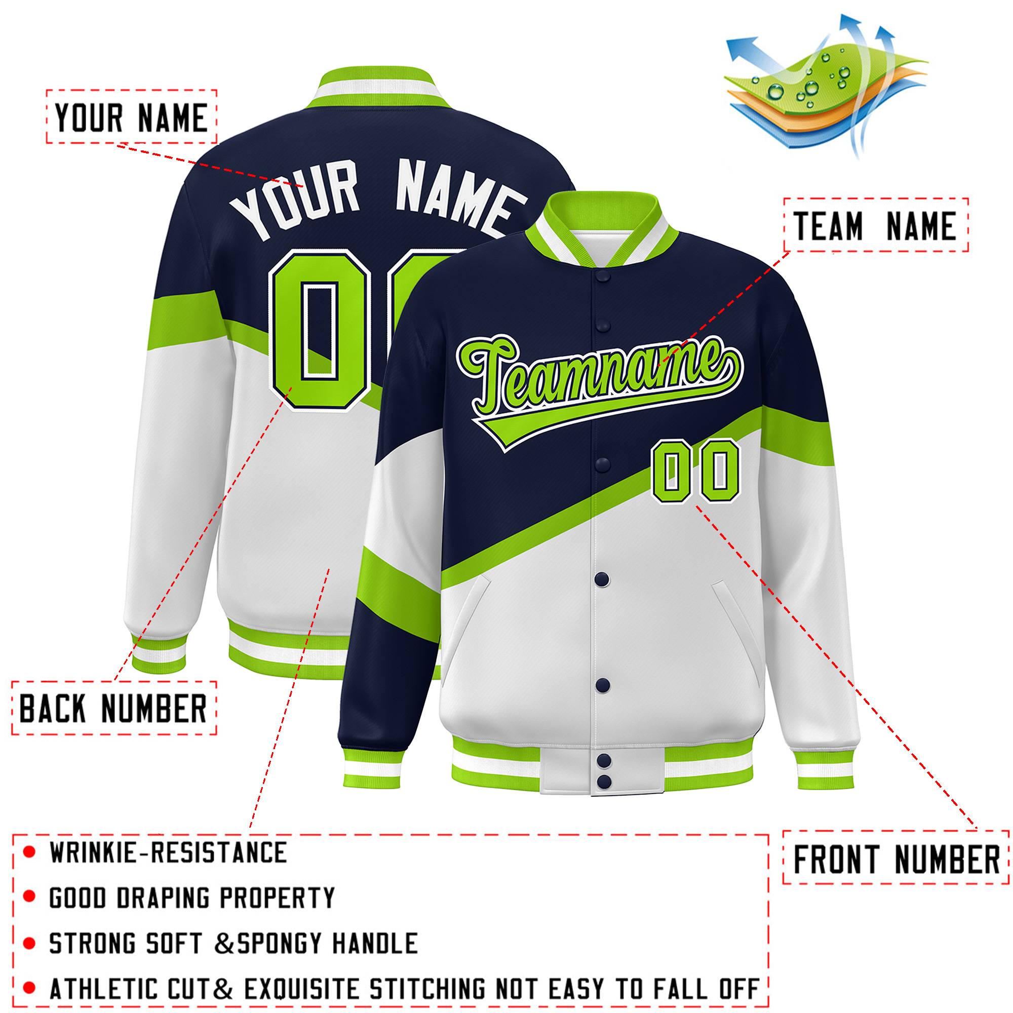 Custom Navy White Neon Green-Navy Color Block Bomber Varsity Baseball Jacket