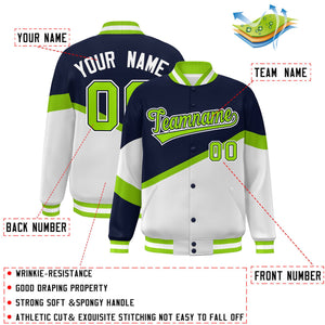 Custom Navy White Neon Green-Navy Color Block Bomber Varsity Baseball Jacket