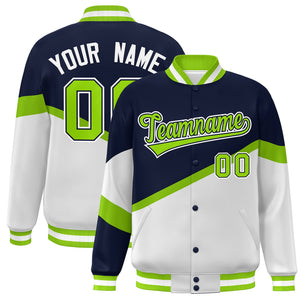 Custom Navy White Neon Green-Navy Color Block Bomber Varsity Baseball Jacket