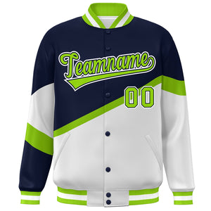 Custom Navy White Neon Green-Navy Color Block Bomber Varsity Baseball Jacket