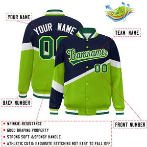 Custom Navy Neon Green-White Color Block Bomber Varsity Baseball Jacket