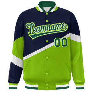 Custom Navy Neon Green-White Color Block Bomber Varsity Baseball Jacket