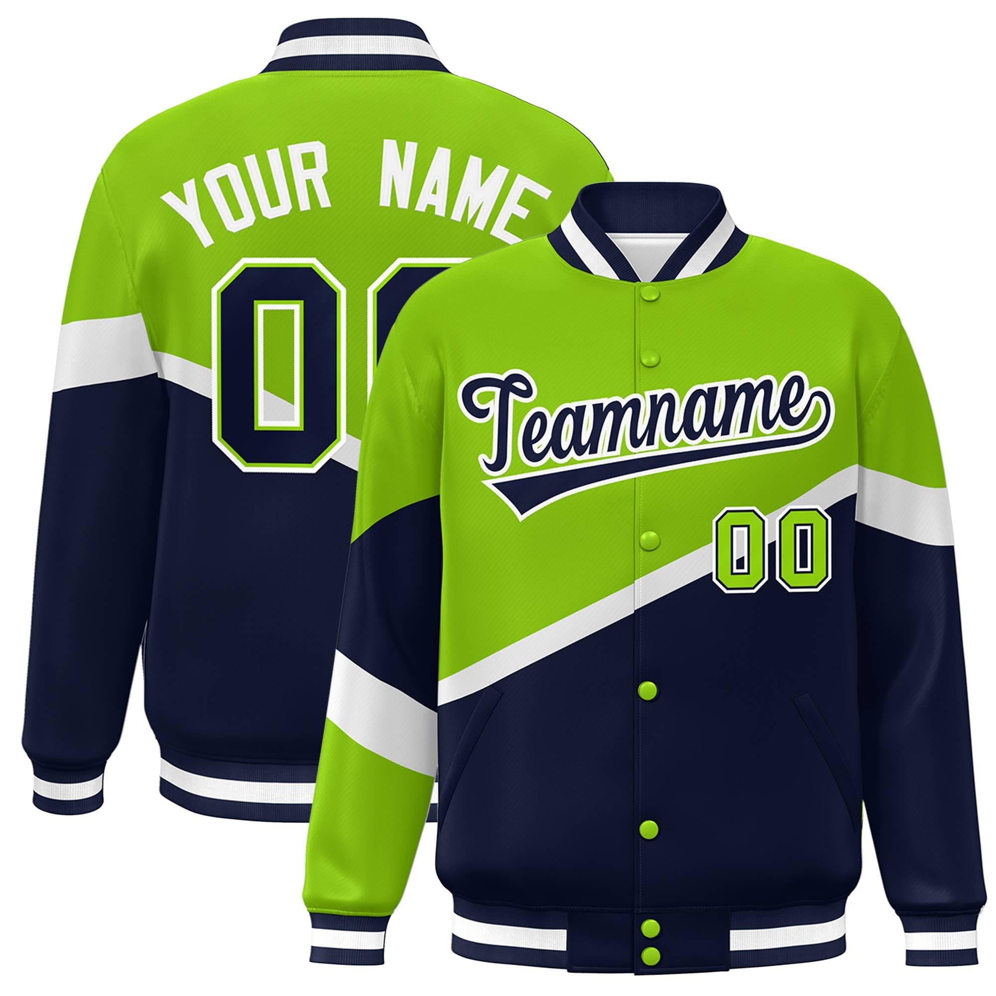 Custom Neon Green Navy-White Color Block Bomber Varsity Baseball Jacket